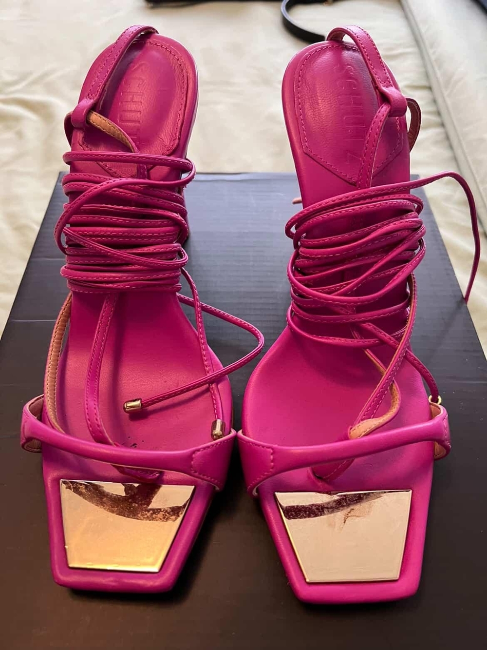 SCHUTZ Fuchsia Lace-Up Square-Toe Heeled Sandals with Metallic Accent